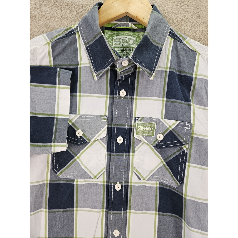 Superdry Button-down Shirt Blue White Lime Green Plaid Short Sleeve Size M